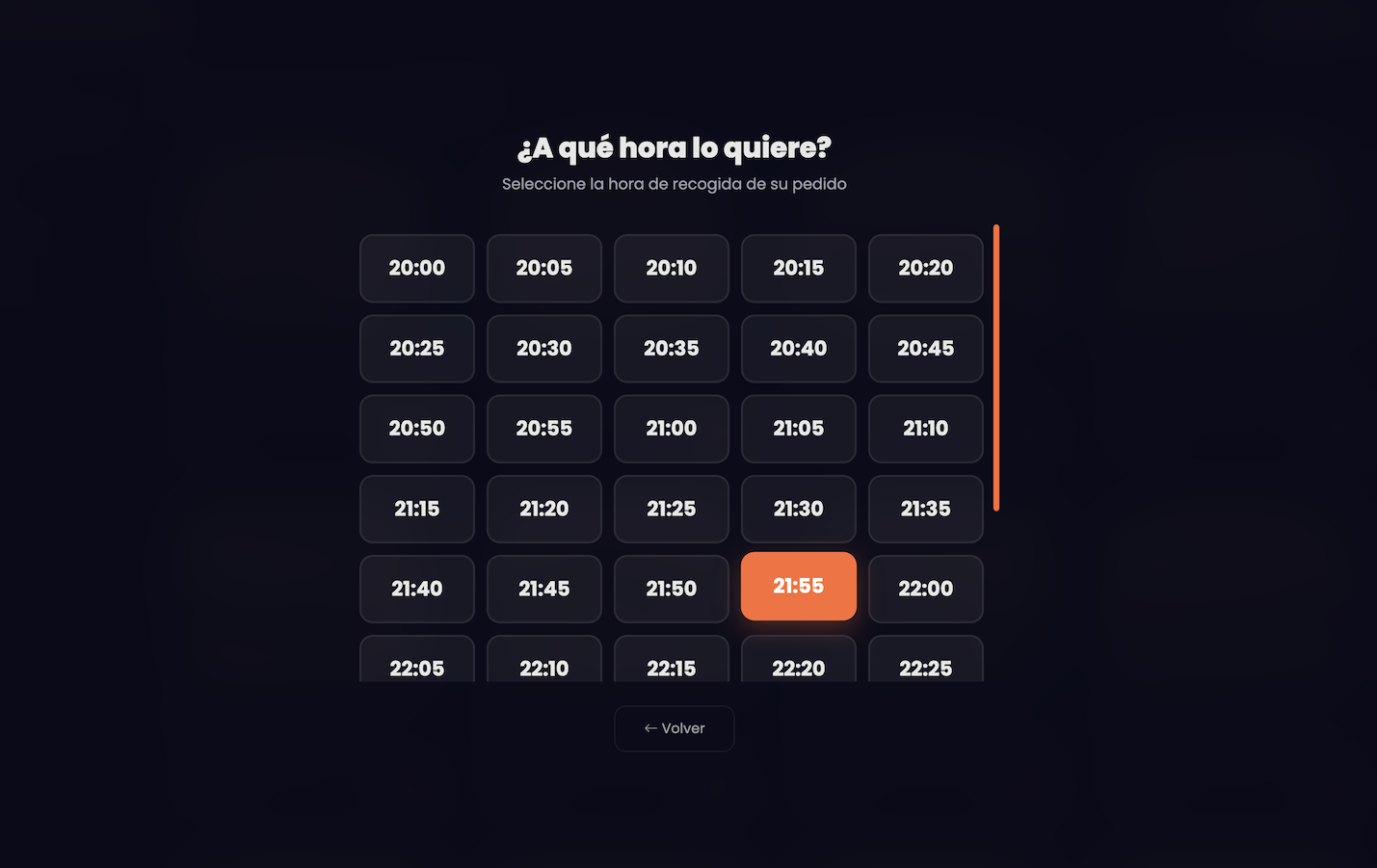 Pantalla de selección de hora de recogida