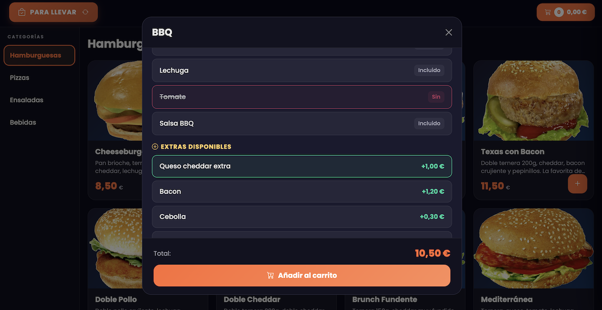 Pantalla de personalización de producto